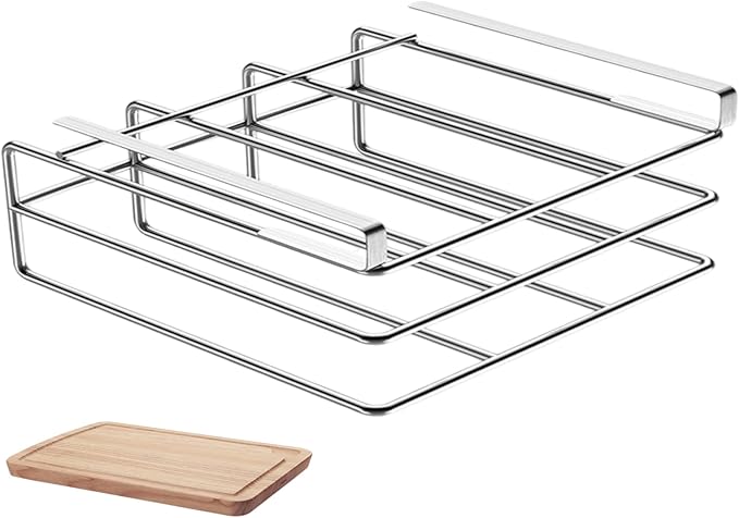 Under Cabinet Cutting Board Holder, 2 Layers Chopping Board Holder, Stainless Steel Heavy Duty Cutting Boards Hanging Rack for Kitchen, Silver