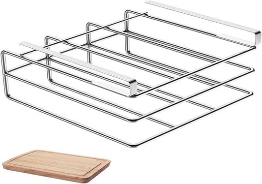 Under Cabinet Cutting Board Holder, 2 Layers Chopping Board Holder, Stainless Steel Heavy Duty Cutting Boards Hanging Rack for Kitchen, Silver