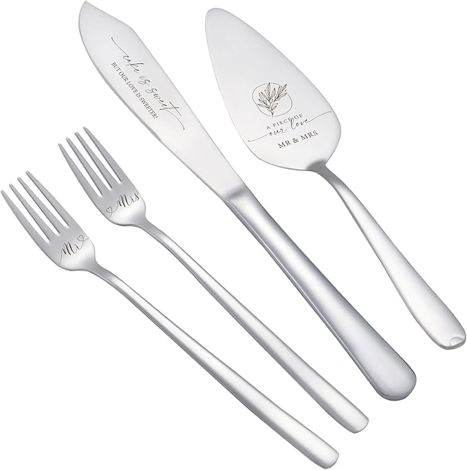 AW BRIDAL 4Pcs Wedding Cake Knife and Server set with Forks, Stainless Steel Engraved Cake Cutting and Pie Server Gifts for Bridal Shower Engagement, Silver