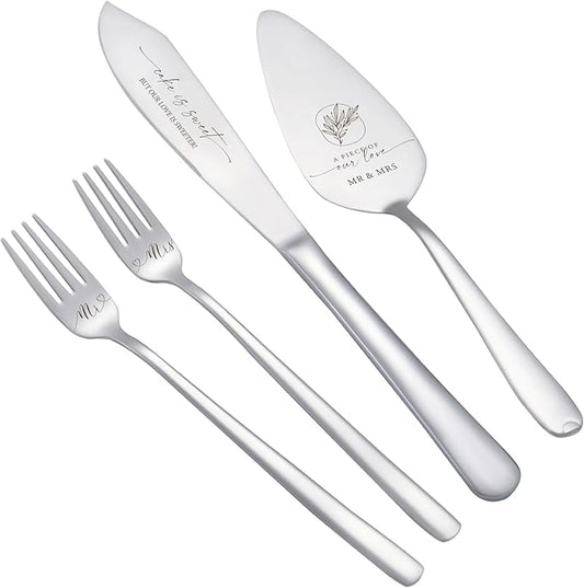 AW BRIDAL 4Pcs Wedding Cake Knife and Server set with Forks, Stainless Steel Engraved Cake Cutting and Pie Server Gifts for Bridal Shower Engagement, Silver