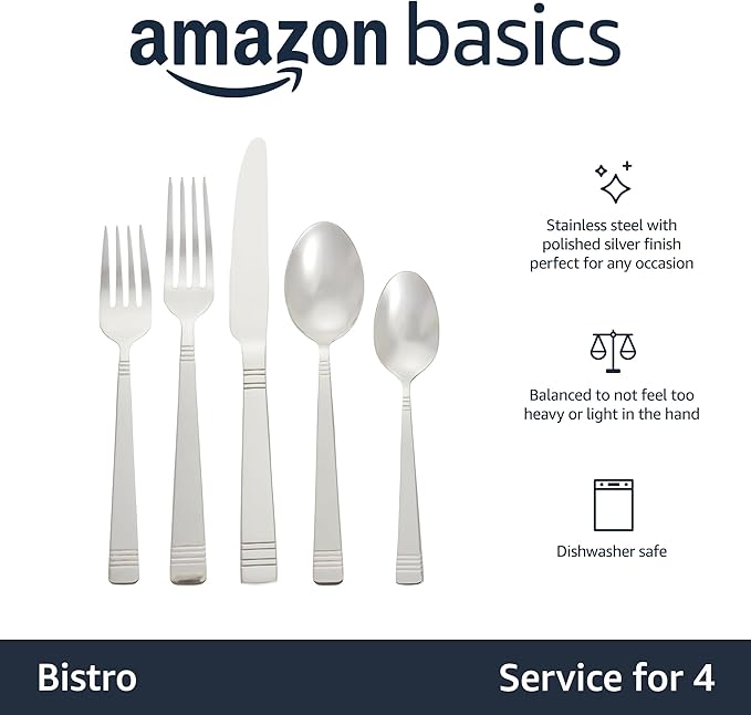 Amazon Basics Silverware, 20-Piece Stainless Steel Flatware Set, Service for 4, Durable Silver Finish, Bistro
