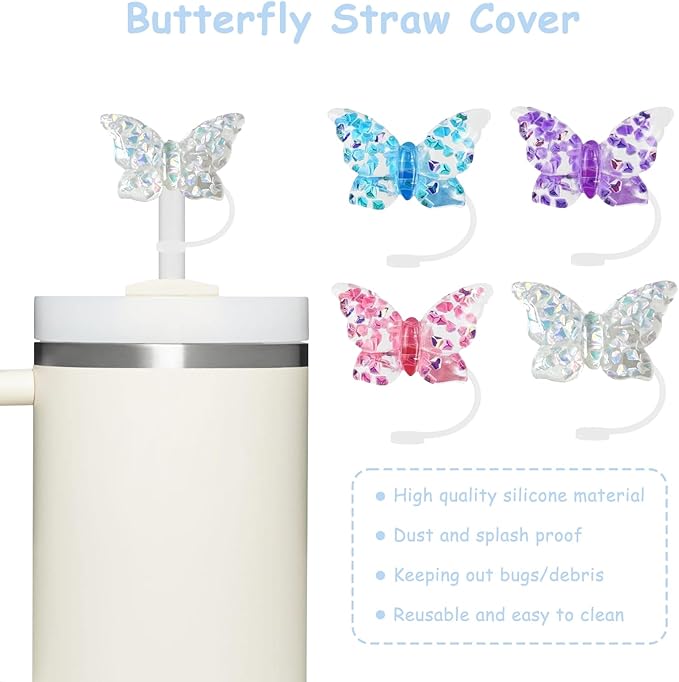4 Pcs 0.4in Straw Cover for Stanley Cup, Silicone Straw Topper Set for 30&40oz Stanley Tumbler, Fit for 10mm/0.4in Straws (Butterfly)