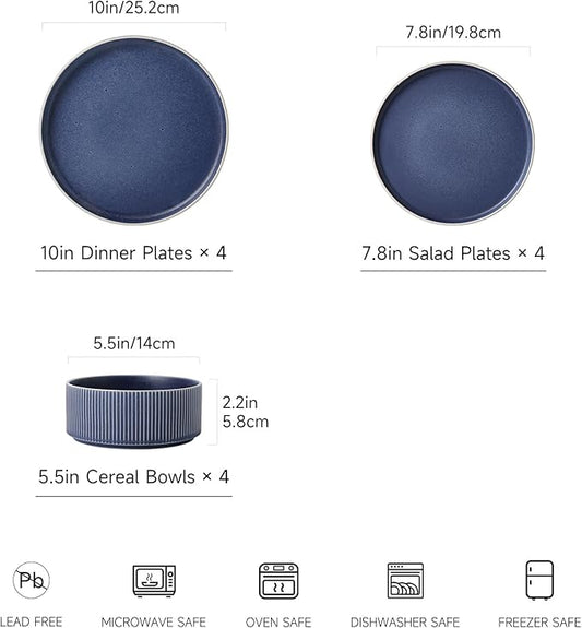 Dinnerware Set Service for 4, 12-Piece Ceramic Plates and Bowls Set, Chip & Scratch Resistant, Microwave and Dishwasher Safe, Modern Minimalist Tableware for Everyday Use, Matte Blue