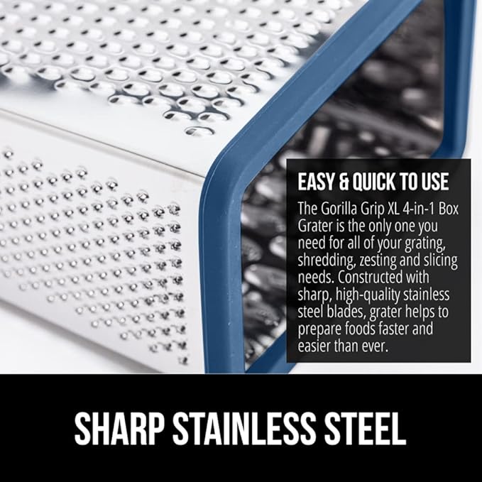 GORILLA GRIP 4-Sided Stainless Steel Cheese Grater With Container, 100% BPA-Free Box Grater, Slip Resistant Base and Handle, Grate Parmesan, Hard Cheeses, Shred Vegetables, Dishwasher Safe, Blue