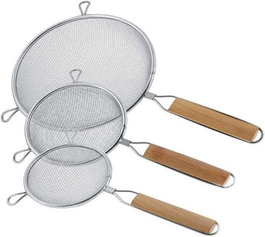 3Pcs Stainless Steel Fine Mesh Strainer Set Versatile Long-Handle Sieves for Flour Tea Coffee Oil Filtering(6Inch,7Inch,8Inch)