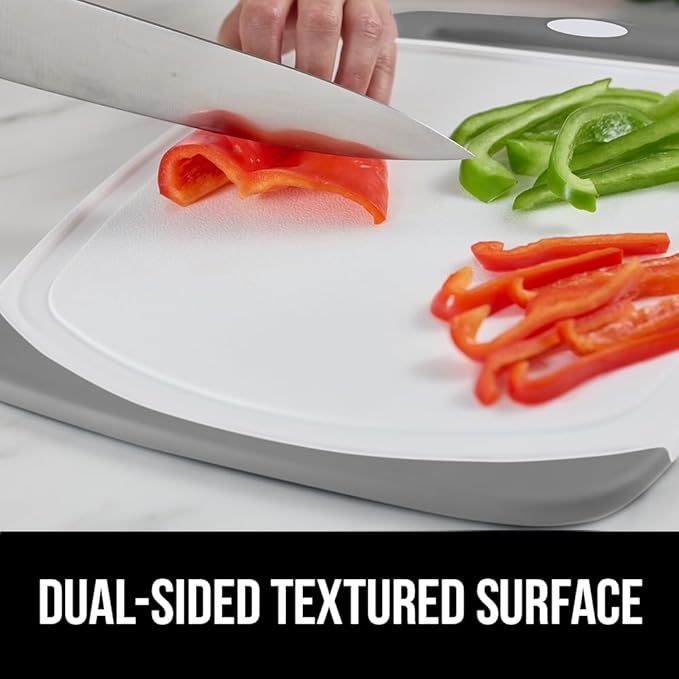 GORILLA GRIP BPA-Free Reversible Kitchen Cutting Board Set of 3, US Designed, Nonporous, Juice Grooves Catch Liquid, Slip Resistant Border, Dishwasher Safe, Durable Large Food Chopping Boards, Gray