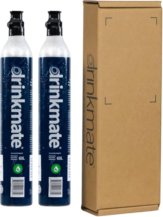 Drinkmate 60L CO2 Canister Cylinders - Two Pack, Screw-In Style - Compatible w/SodaStream (Screw-In), Aarke, Ninja Thirsti, Philips & More