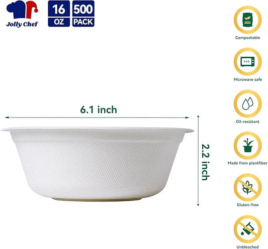 JOLLY CHEF Compostable Disposable Paper Bowls [16 oz] Heavy Duty Soup Uncoated Containers [500 Pack] White Biodegradable Bagasse Hot Cold Food Eco-Friendly Sugarcane Microwavable for Dessert Christmas