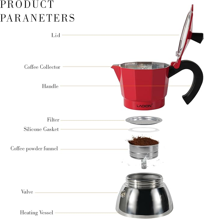 LAOION Stovetop Espresso Maker, 3Cup Moka Pot, Espresso Machine Compatible with Induction Cooktops, 150ml Stainless Steel & Aluminum Cuban Coffee Maker for Cafetera Cubana, Red