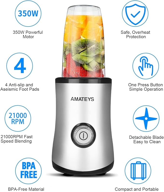 Amateys Personal Blender with Button,350W Professional Kitchen Blender for Smoothies and Shakes,Portable Smoothie Maker Mixer,Easy Cleaning&Operation,Suitable for Carrying or Storage