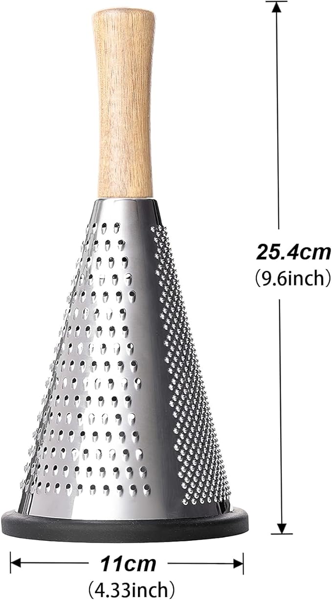 Cone Cheese Grater, 9.6 Inch Stainless Steel Grater and Zester Multifunction Graters with Wood Handle Parmesan Shaver for Cheese, Vegetables, Kitchen Use, 11×11×25.4CM