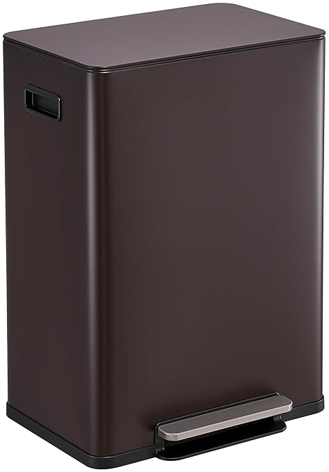 Simpli-Magic Infinity Edge 60 Liter / 16 Gallon Rectangular Hands-Free Extra Large Kitchen Step Trash Can, Soft-Close Single Lid Recycling Bin, Stainless Steel, Brown, 79682