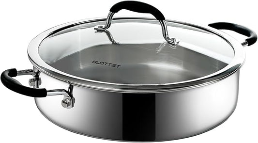 SLOTTET Tri-Ply Stainless Steel Saute Pan with Lid, 5 Quart Deep Sauté Pan with Comfortable Silicone Handle,11.5 Inch Frying Pan,Dishwasher and Oven Safe,Induction Stainless Steel Cookware
