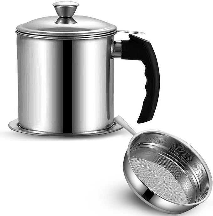 Bacon Grease Container With Removable Strainer Snug Lid Coaster Tray Stainless Steel Oil Container with Handle for frying oil bacon drippings Cooking Grease 1.3L(46 fl. oz.) (Style B)