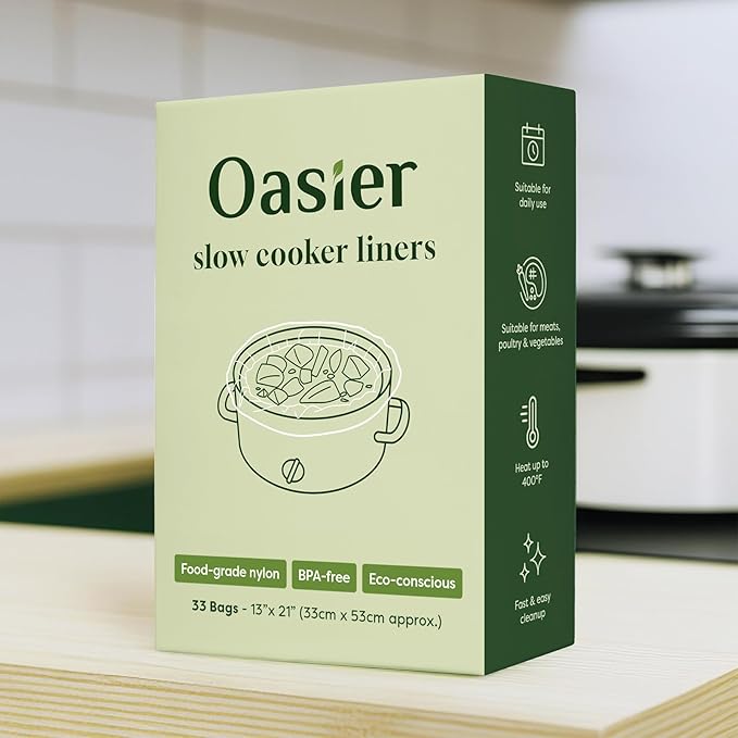 Oasier Slow Cooker Liners, Disposable Oval Large Size 13" x 21", 33 Count, Fits 3-8 Quart Pot Cooking Bags for Easy Cleanup, Food Safe & Leak-Proof
