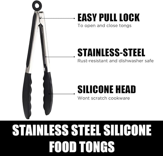 Kitchen Tongs with Silicone Tips, Kitchen Tongs, Cooking Tongs, Premium Stainless Steel Locking Cooking Tongs, Non-Slip Food Tongs for Cooking, Heavy Duty, Non-Stick, 480℉, Set of 3-7"/9"/12" Black