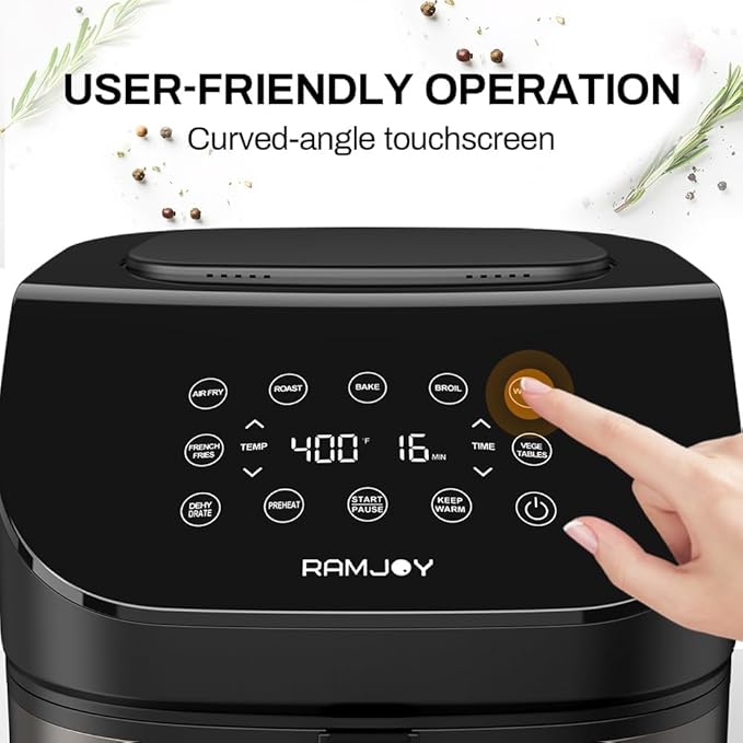 RAMJOY Air Fryer 6.8 Quarts, 10-in-1 Functions, Air Fry, Roast, Bake, Broil, Dehydrate, Large & Compact Air Fryers, Nonstick & Dishwasher-Safe Airfryer Basket, Stainless Steel Air Fryer, Metal Grey