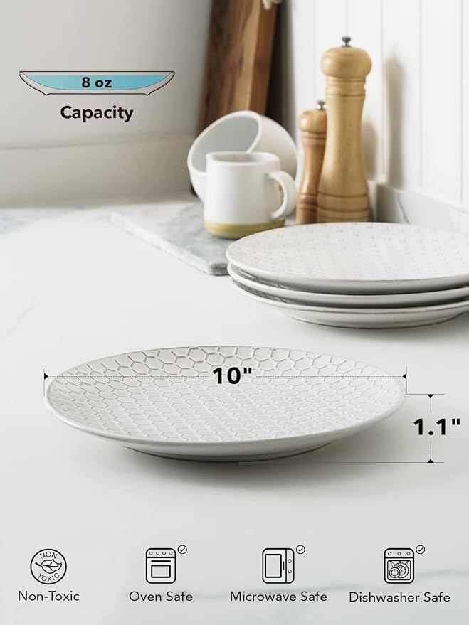 LE TAUCI Ceramic Dinner Plates Set of 4, 10 Inch Embossed Plates for Kitchen, Modern White Serving Dishes for Pasta and Steak, Microwave Oven and Dishwasher Safe - Arctic White
