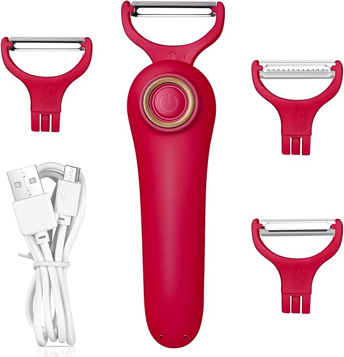 Electric Potato Peeler, Handheld Electric Vegetables and Fruit Peeler 3-in-1 Pro Set, USB Rechargeable Kitchen Gadgets for Apples, Potato, Carrots, Cucumber (Red)
