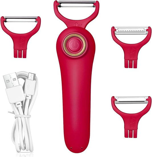 Electric Potato Peeler, Handheld Electric Vegetables and Fruit Peeler 3-in-1 Pro Set, USB Rechargeable Kitchen Gadgets for Apples, Potato, Carrots, Cucumber (Red)
