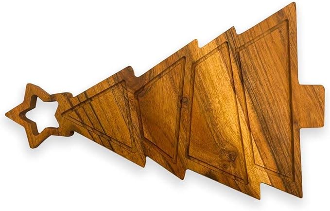 Treen Art Wooden Christmas Cutting Board for Kitchen Decor, 11"L x 9.75"W Star Tree Shaped Acacia Wood Chopping Board with Handle & Grooves, Serving Charcuterie Platter