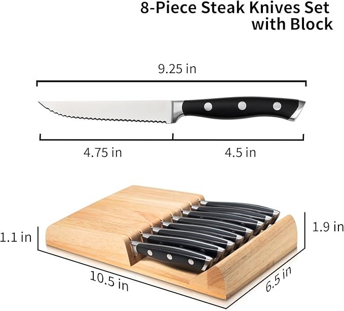 Alata 8-Piece Steak Knives Set with Block, 4.7 Inch with Serrated Edge Razor-Sharp Dinner Knives, Full-Tang Construction