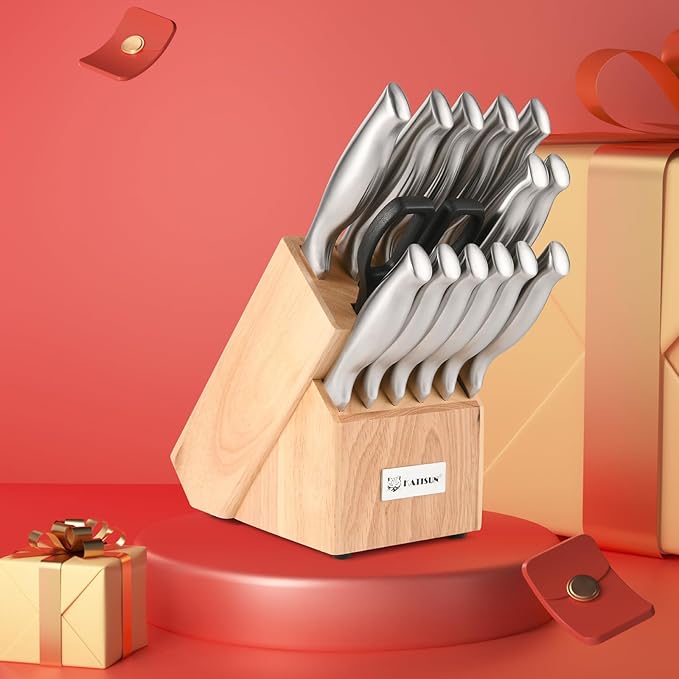 Kitchen Knife Set, 15 Pieces Knife Set with Block, Knives Set for Kitchen, Silver Hollow Ergonomic Handle for Chef Knife Set, Kitchen Shears,Black Knife Block Set
