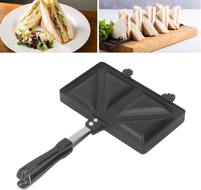 Fockety Hot Sandwich Maker, Double Sided Heating Aluminum Alloy Panini Maker Pan Even Heating Lightweight Portable Sandwich Press Grill for Sandwiches, Frying Eggs, Baking Bread (Black)