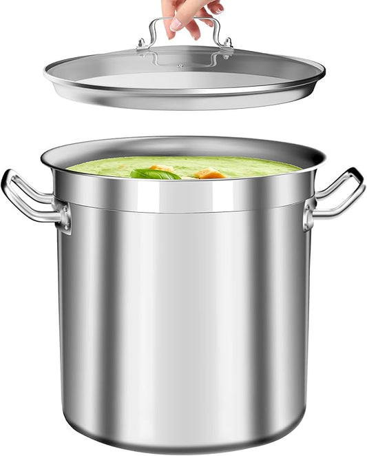 24 Quart Stainless Steel Stock Pot with Glass Lid – Heavy Duty Cooking Pot for Soup, Stew, Pasta – Induction Compatible, Dishwasher Safe – Ideal for Home & Commercial Use