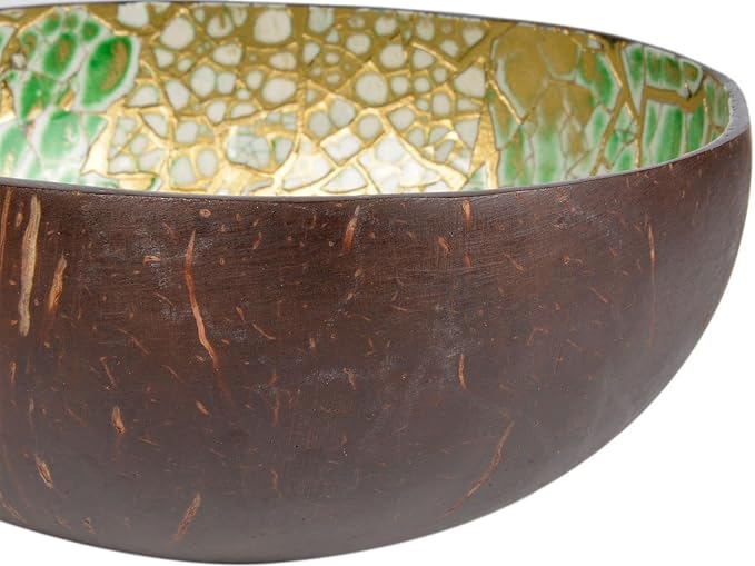 ChezMax Natural Coconut & Mother of Pearl Inlaid Shell Key & Storage Bowl for Entryway Table, Nuts, Fruits & Dry Snack Storage, Round Handcrafted Decoration Bowl