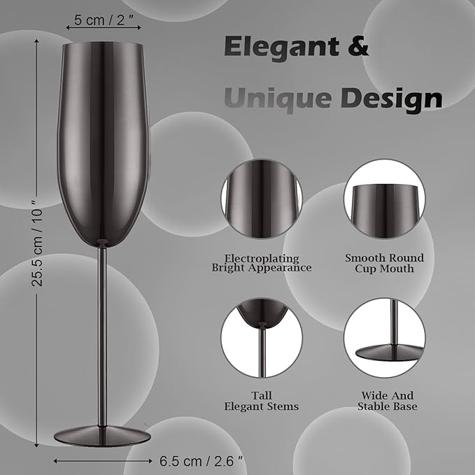 Stainless Steel Champagne Flutes Set of 4-Wedding &Birthday Gifts,8.5 Oz Unbreakable Champagne Glass with Long Stem,Reusable Indoor Outdoor Drinkware (Black)