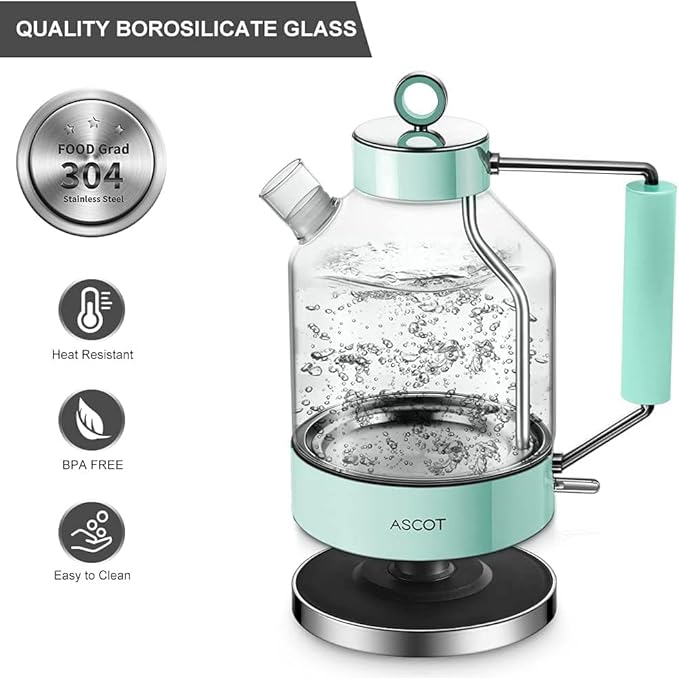 ASCOT Electric Kettle, Glass Electric Tea Kettle Gifts for Men/Women/Family 1.5L 1500W Borosilicate Glass Tea Heater, with Auto Shut-Off and Boil-Dry Protection