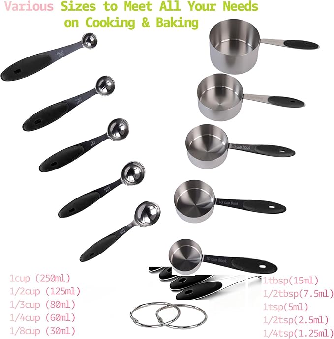 Inmorven 10pcs Measuring Cups and Spoons Set, Nesting Kitchen Stainless Steel Measuring Set for Baking Cooking Dry Liquid Ingredients Upgraded Thickness Handle-Black