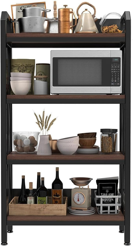 Bakers Rack with 4-Tier Adjustable Wood Shelves, Heavy-Duty Metal Frame Kitchen Shelf Organizer, Microwave Stand for Kitchen, Living Room, Apartments, 33.5'' Wide for Extra Space