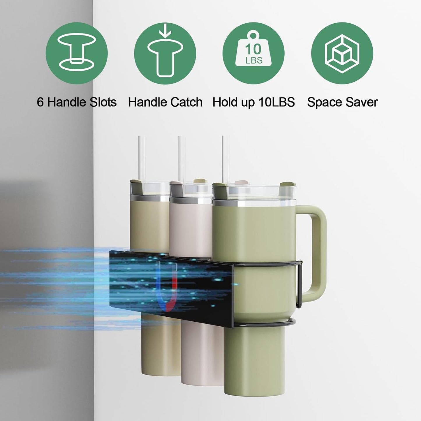 Magnetic Cup Holder for Fridge, Aufworld Tumbler Organizer with 8-Hook Rack, Fits 20/30/40 oz Stanley Cups, Accessory Storage with Lid & Straw Holder, Water Bottle Organizer for Kitchen Refrigerator