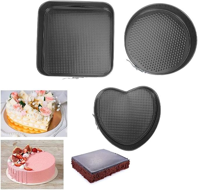JNXHON Springform Heart shaped Cake pans Round Squar Non-stick Cheesecake Baking Tray with Detachable Bottom Heart Cake Mold for Christmas and Valentine's Day Baking Heart Round Square Set of 3