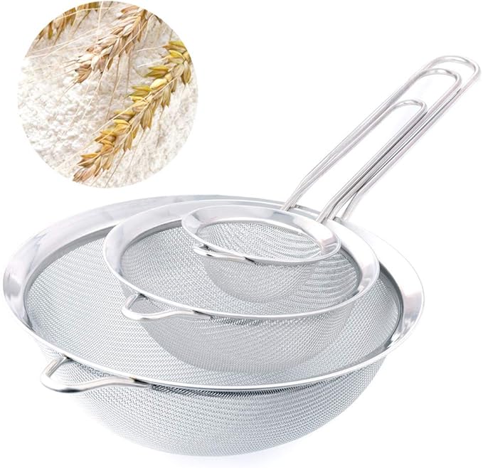 Kitchen Fine Mesh Strainers, KINMAD 3 Pcs Stainless Steel Mesh Strainer with Handle, 2.7"+4.8"+7.1"- Ideal to Strain Pasta, Noodles, Quinoa, Tea, Sift & Sieve Flour & Powdered Sugar