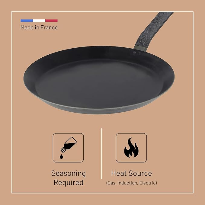 de Buyer Blue Carbon Steel Crepe & Tortilla Pan - 8” Diameter, 6.25" Cooking Surface - Ideal for Making & Reheating Crepes, Tortillas & Pancakes - Naturally Non-Stick Finish - Made in France