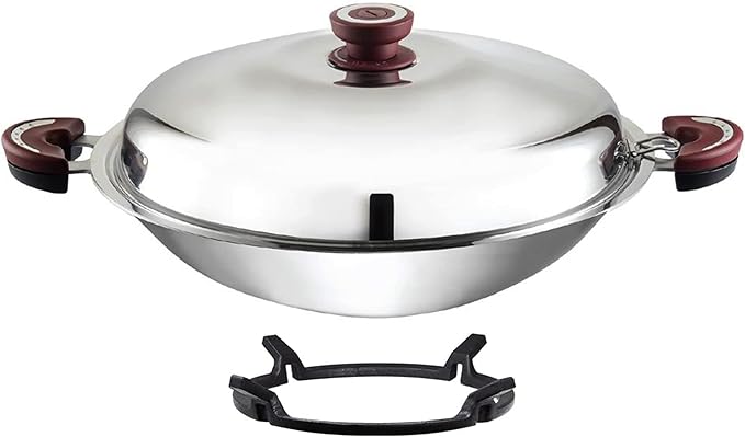 BUFFALO Stainless Steel Wok Pan with Lid Round Bottom 15 inch (38cm) - Stir Frying Pan Tri-Ply Nonstick Cookware - Double Handle Cooking Pot for Induction/Electric/Gas Stoves + Wok Ring