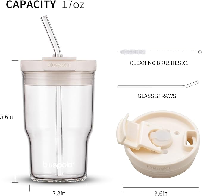16oz/480ml Iced Coffee Cups With Lids And Straws,Reusable Leakproof Glass Tumbler,Water Bottles,Cold Brew,Drinking Jars For Juicing,Matcha,Tea,Smoothie For Travel,Office (Off-White)