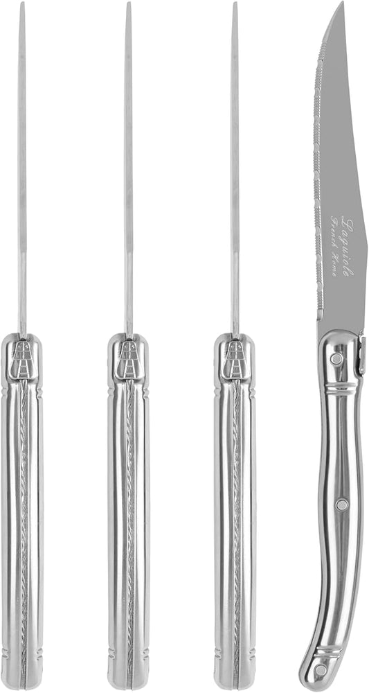 French Home Laguiole Connoisseur 4-Piece Steak Knife Set – Stainless Steel with Etched Detailing & Napoleon Bee Emblem – Serrated Knives for Smooth Cutting (9.25")