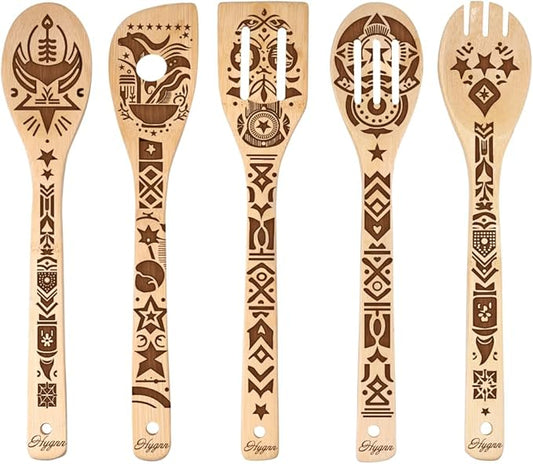 Ancient Totem Retro style Gift Idea Cooking Serving Utensils Natural Bamboo Kitchen House Warming Presents Slotted Wooden Spoons for Cooking Utensils Set of 5…