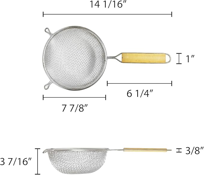 TrueCraftware- 8-Inch Double Medium Mesh Strainer Stainless Steel 6-1/2" Handle Length Wooden Handle- Kitchen Utensil Food Strainer Skimmer Spoon for Cooking Sieve Sifters Pasta Fruits Vegetable