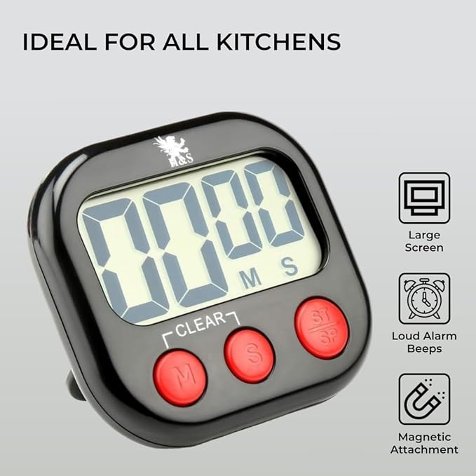 H&S Digital Kitchen Timer - Magnetic Cooking Timer with Large LCD Digits Display & Loud Alarm - Black - Countdown Clock for Kids Classroom - AAA Battery Included - Kitchen Timers for Cooking