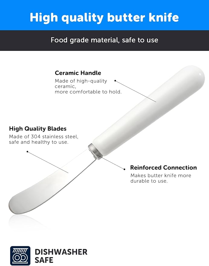 Butter Spreader Knife Set: Stainless Steel Butter Knife with Porcelain Long Handles - 2 Pack cheese spreader for Soft & Hard Butter, Jam, Cheese - Cheese Knife Spreader for Kitchen Use (White Handle)