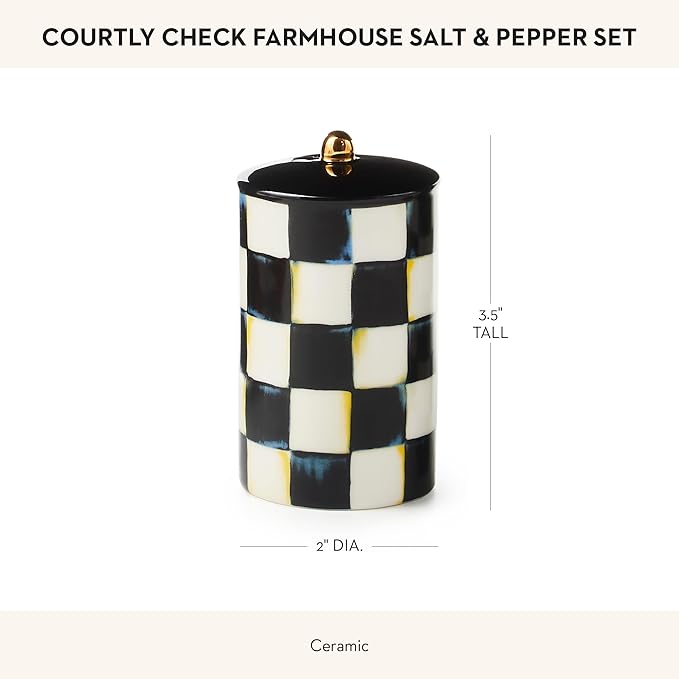 MACKENZIE-CHILDS Farmhouse Salt and Pepper Shaker Set, Ceramic Salt and Pepper Holders, Black-and-White Courtly Check
