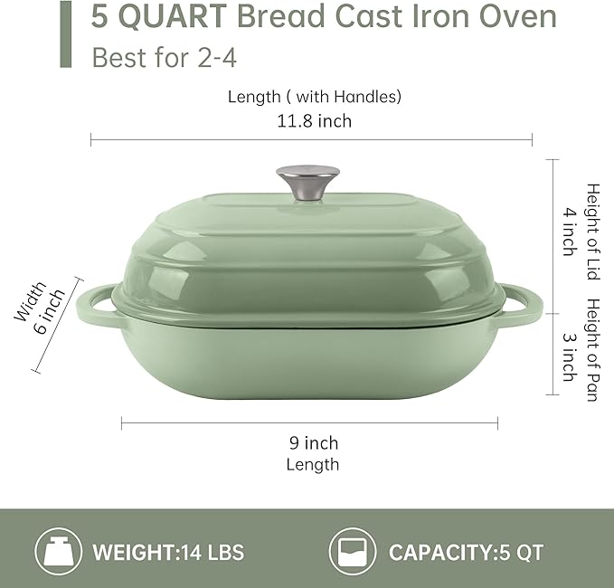 Fijxzct Premium Enameled Cast Iron Dutch Oven for Bread Baking | Non-Stick 5QT Oval Bread Oven with Lid | Perfect for Sourdough, Loaf, and Artisan Baking (Gradient Green, 5 QT)