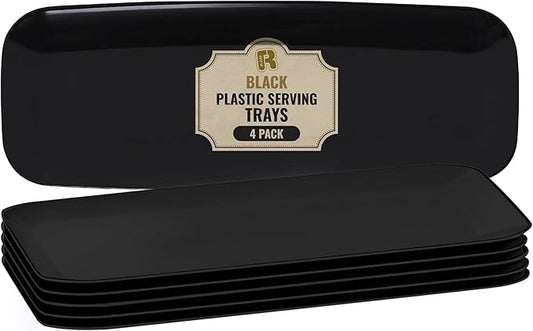 R-kay 4 Pack Plastic Serving Trays for Party - Black Serving Tray 17 by 6.5 in - Heavy Duty Dessert Trays for Food - Rectangular Party Serving Trays - Premium Party Trays - Black Platters