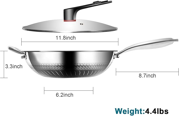 Boryenty Wok Pan 12 Inch with Lid, Hybrid Stainless Steel Wok, Honeycomb Wok Pan Flat Bottom Stir Fry Pan, 18/10 Stainless Steel, Metal Utensil Safe, Dishwasher & Oven Safe