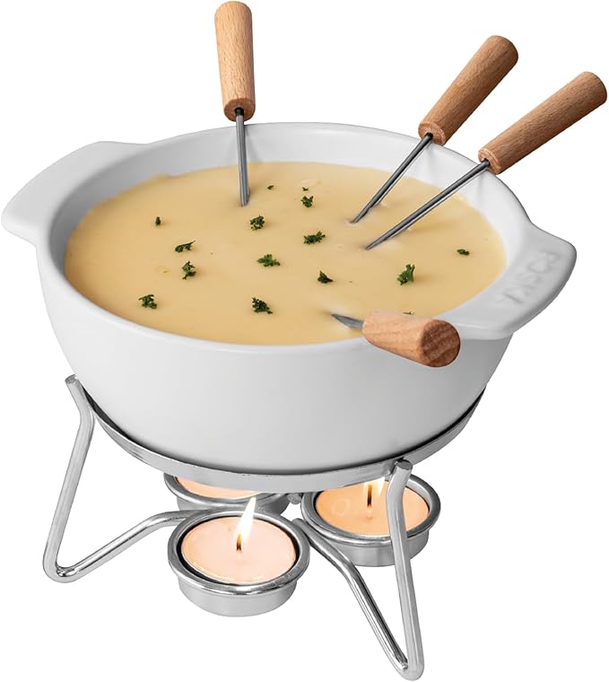 Boska Cheese Fondue Party Set - Fondue Pot Set Microwave Safe Ceramic Hot Pot Chocolate Fountain Snack - Wedding Registry Items Small Kitchen Appliances for up to 4 Persons